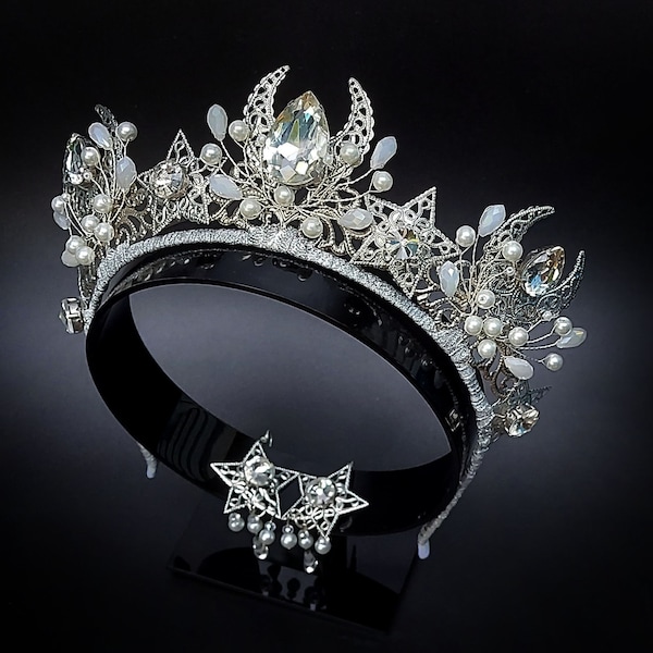 tiara de luna, corona de luna, corona de perlas, corona de estrellas de luna de plata, corona de diosa, tiara de cristal blanco, corona de festival, corona de hadas, corona nupcial de plata