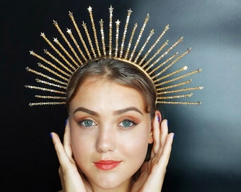 Gold Crystal Crown, Bridal headpiece gold, Star crown tiara, Bridal crown, Met Gala Crown, Sunburst Crown, Celestial crown, Gold tiara