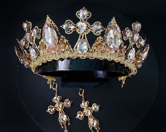 Coroa de casamento dourada com cruz: tiara de noiva de cristal champanhe