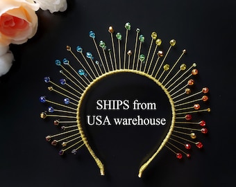 May include: A gold headband with a rainbow of colored beads. The headband is made of wire and has a delicate, feminine look. SHIPS from USA warehouse.