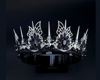 Gothic Black Crystal Crown with Thorns - Handmade Tiara
