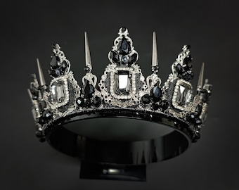 Black Crystal Gothic Crown with Thorns: Handmade Wedding Tiara