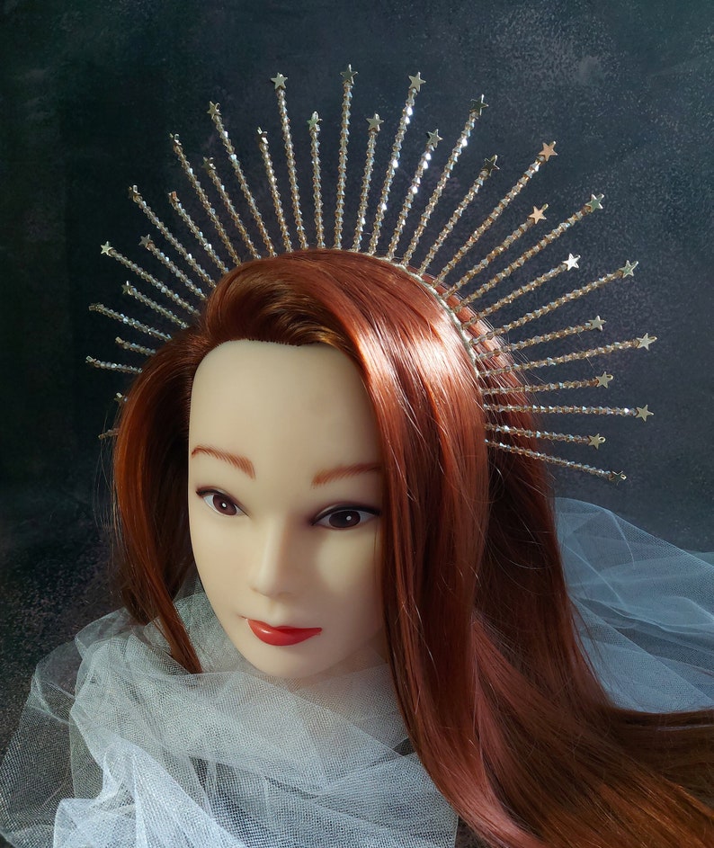 Gold Crystal Crown, Bridal headpiece gold, Star crown tiara, Bridal crown, Met Gala Crown, Sunburst Crown, Celestial crown, Gold tiara image 3