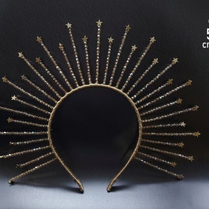 Gold Crystal Crown, Bridal headpiece gold, Star crown tiara, Bridal crown, Met Gala Crown, Sunburst Crown, Celestial crown, Gold tiara image 5