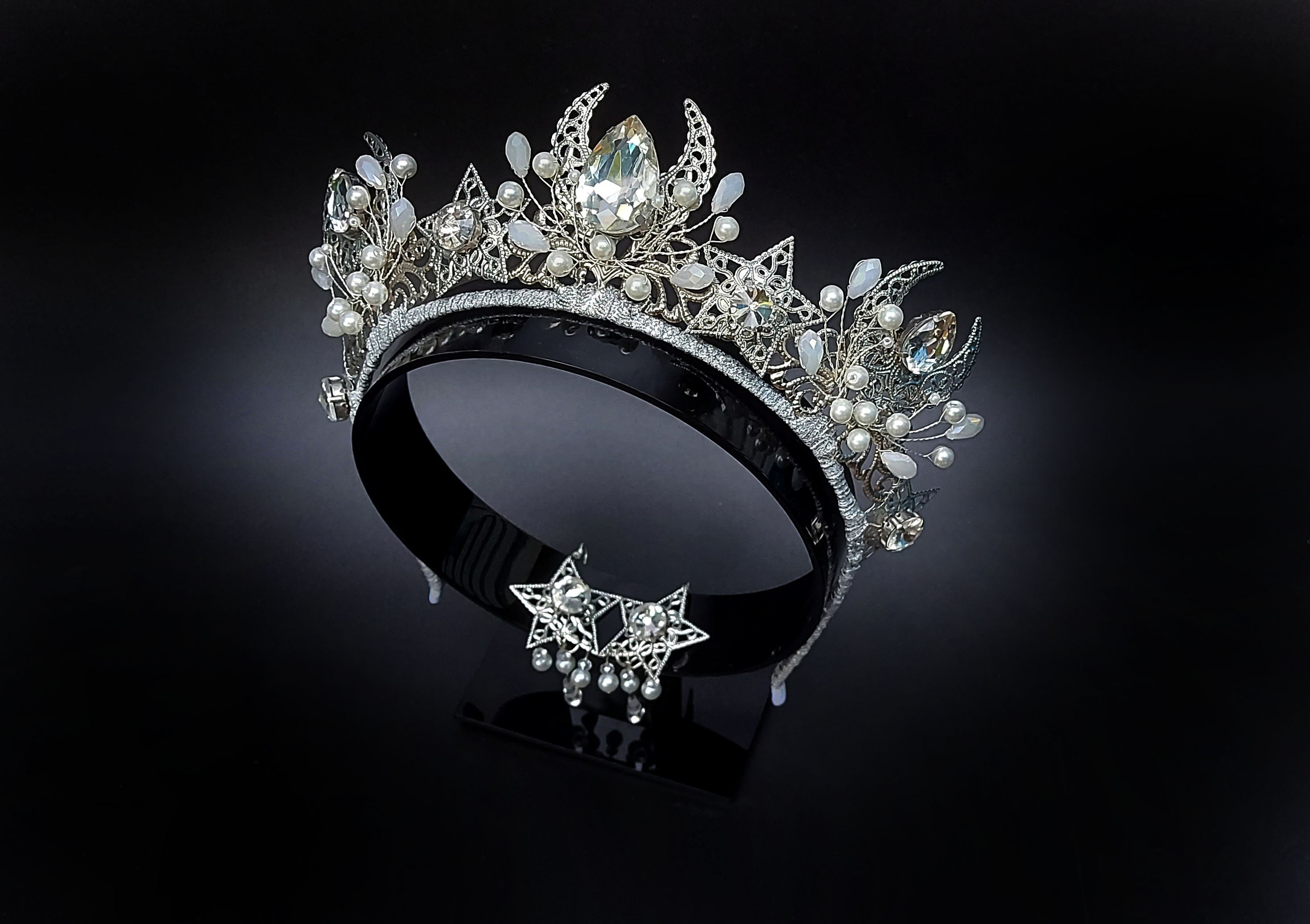 Real Quartz Crown with Silver Moon Star White Quartz Crescent Moon Headband - Natural Stone  main image 4
