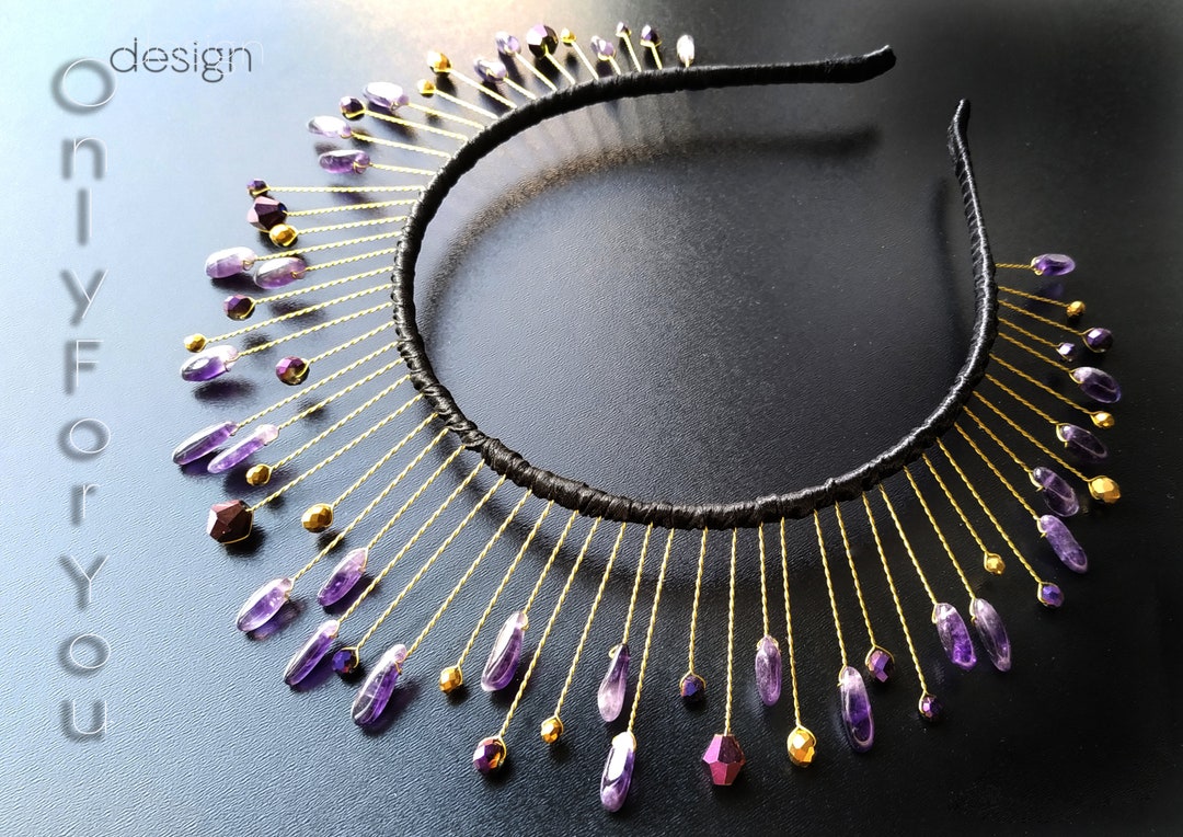 Gold Tiara with Amethyst Purple Crystals - Elegant Women\'s Headpiece Amethyst Crystal Tiara, Witchy Wedding Crown, Gemstone Fairy  main image 3