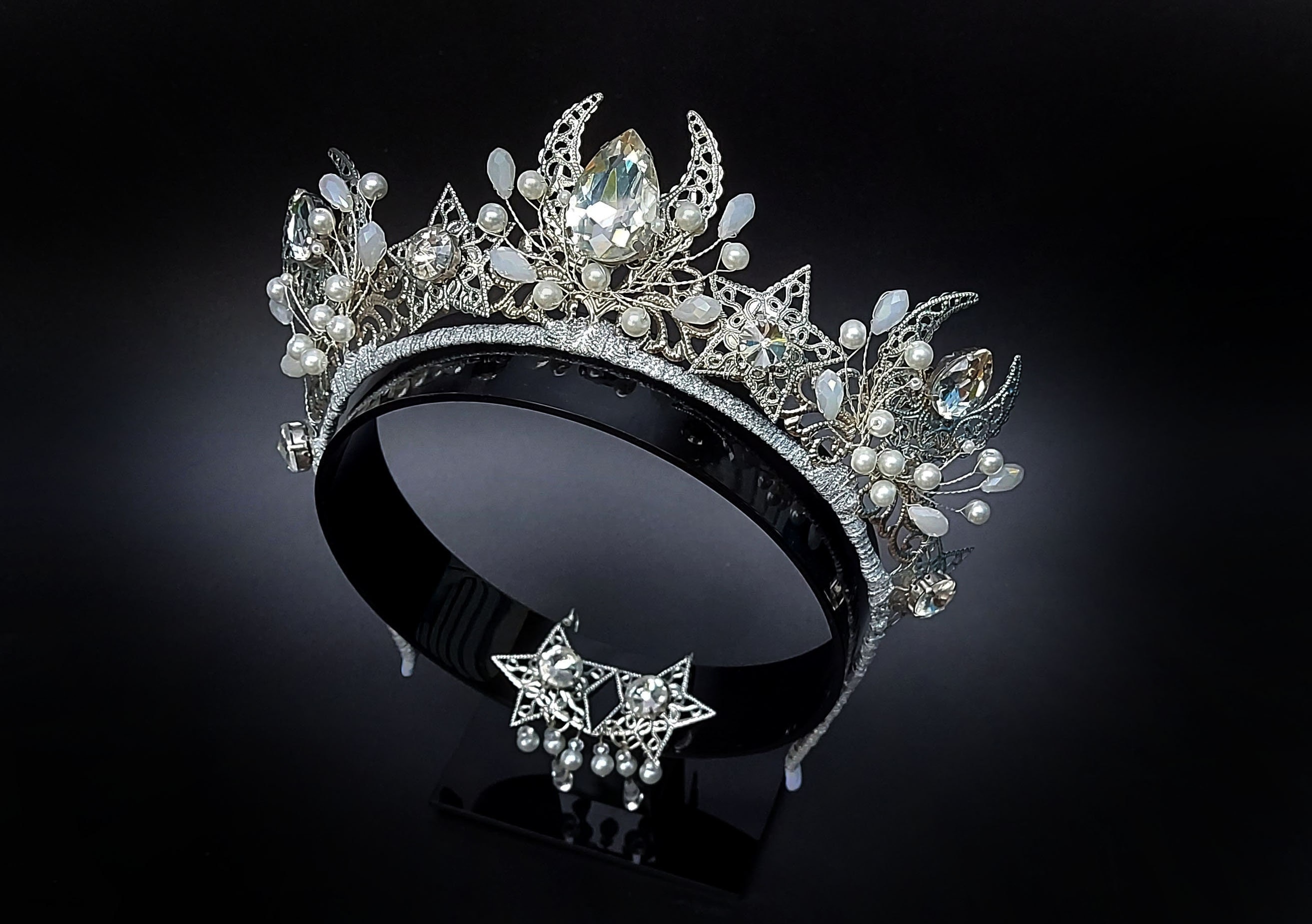 Moon Phase Silver Tiara Crown - Women Accessories Sun Goddess Crown Wicca Pagan Tiaras Shiny Rhinestone Pearls  main image 4