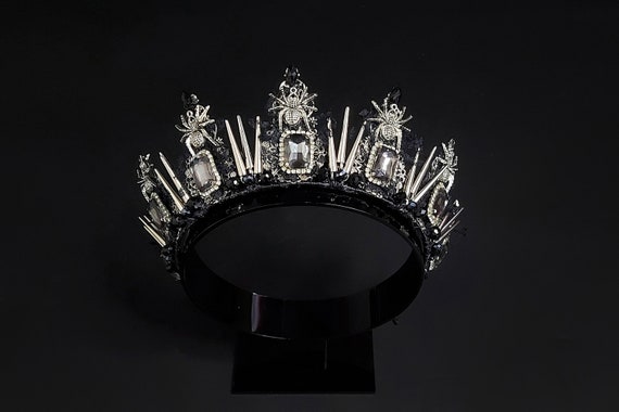Gold-tone Black Crystal Spike Tiara Crown Black Crystal Crown, Black Wedding Crown, Gothic Wedding  main image 2
