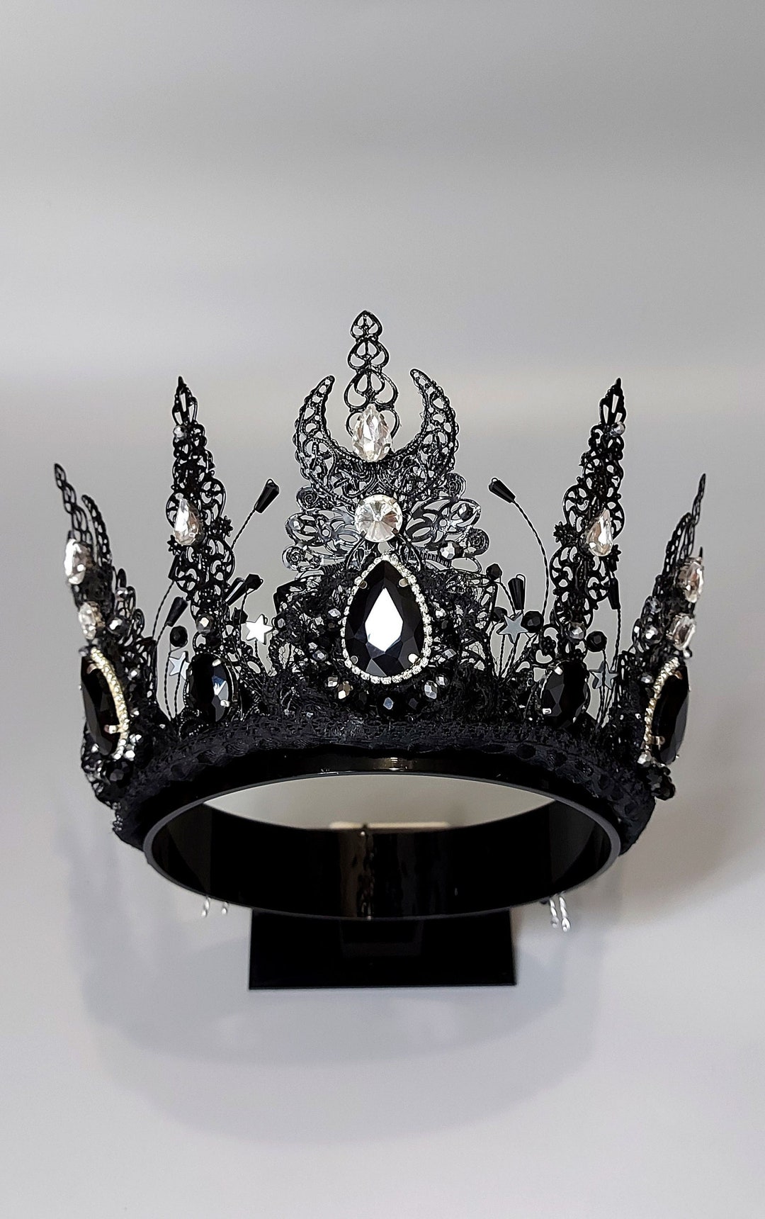 Gothic Black Crystal Queen Crown: Crescent Moon Tiara - Etsy display picture 2