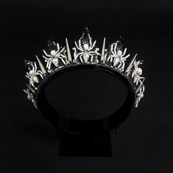 Gothic Spider Queen Crown: Black Crystal Thorns Headband