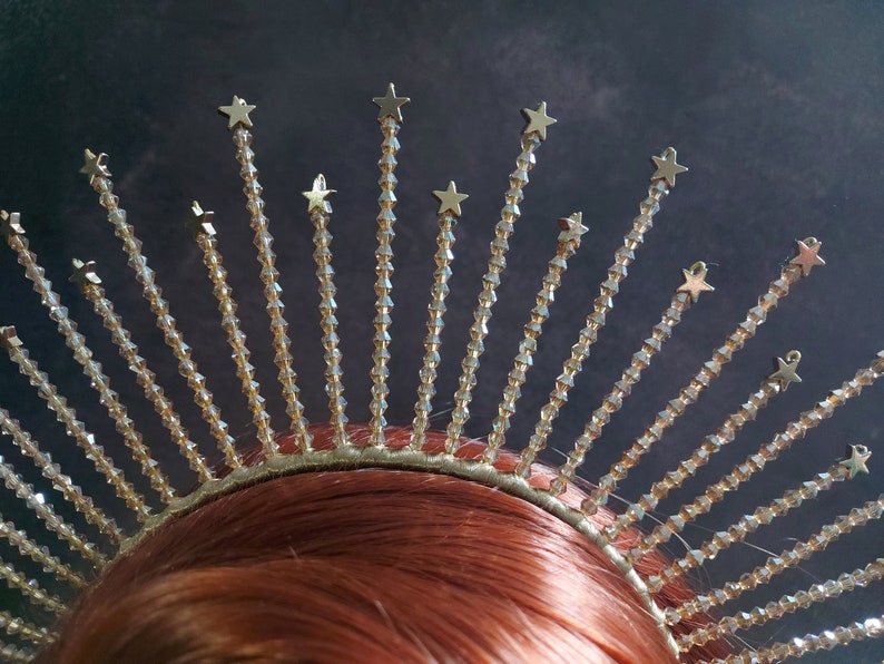 Gold Crystal Crown, Bridal headpiece gold, Star crown tiara, Bridal crown, Met Gala Crown, Sunburst Crown, Celestial crown, Gold tiara image 8