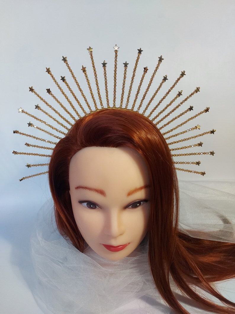 Gold Crystal Crown, Bridal headpiece gold, Star crown tiara, Bridal crown, Met Gala Crown, Sunburst Crown, Celestial crown, Gold tiara image 9