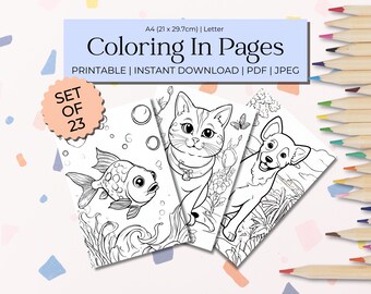 Gatos, cachorros, páginas para colorir de peixes, colorir para crianças, artes e ofícios, atividades infantis, conjunto de 23
