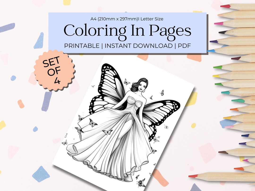 Butterfly Gown Coloring Pages, Printable Coloring Sheets, Digital Pages ...