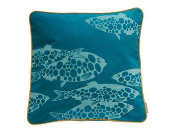 Pillow cover Miss fish, petrol/light blue, 50 x 50 cm (without filling)