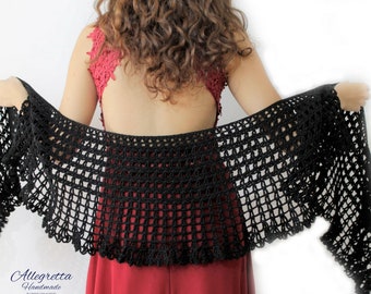 Black cotton crochet shawl for sale, Elegant ceremony shawl for women, Shawl wrap formal summer shrug, Gift for wife in anniversary day