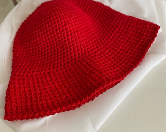 Crochet bucket hat for women men in red yellow cotton, Trendy spring summer accessories, Fisherman soft hat OSTUNI