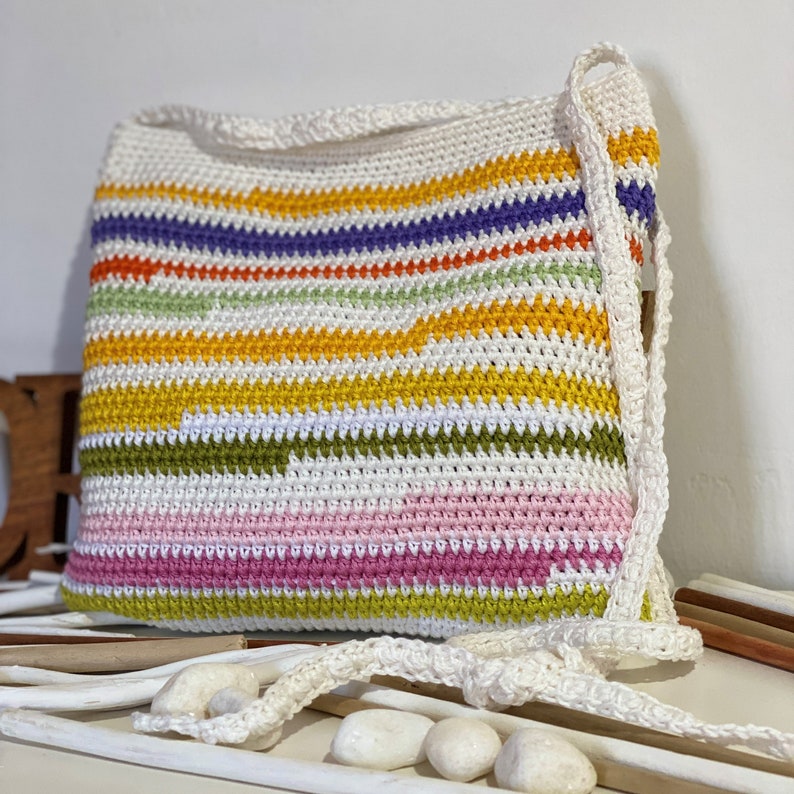 Handmade crochet tote bag in bohemian style, Harlequin colored shoulder pouch bag, Summer sporty crossbody bag for women accessories image 2