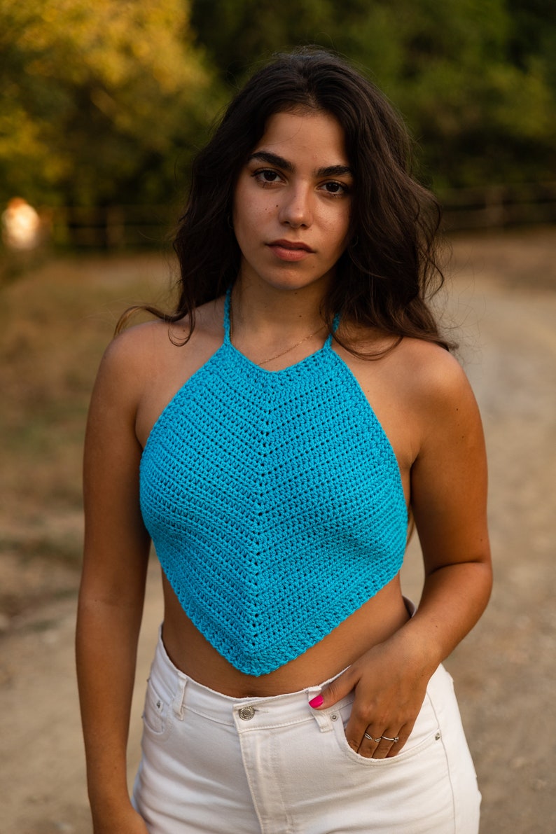 Colorful woman crochet top, Young summer fashion, Handmade bright color crop top, Fashion accessories for beach holidays and disco evenings Turchese