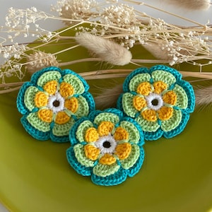 Fiore uncinetto Clara, Applicazione cotone, Decorazione cappelli estivi, Materiale creativo per Fai da Te, Prodotti merceria fatti in Italia