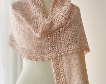 Knit crochet shawlette in pink powder organic cotton for women, Ecofriendly ceremony shawl, Shawl wrap summer for travel