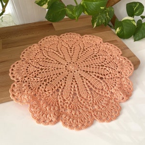 Art 89, Peach pink round crochet doily, Handmade crochet doily, Easter table decoration, Table protection, Table cover