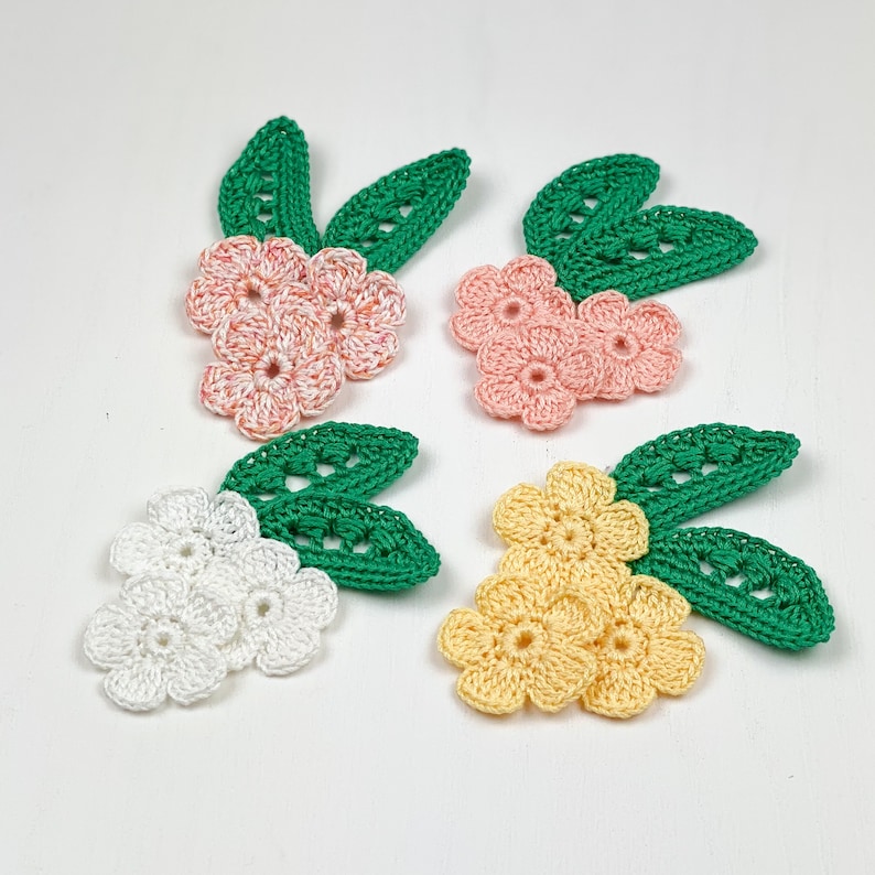 Pack of 5 pieces Decorative items for scrapbooking Spring baby dress embellishment Crochet flower and leaves applique handmade in Italy