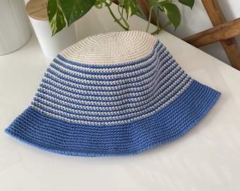 Summer crochet hat women, Handmade hat summer, Bucket hat girls, Blue striped hat, Outfit accessories, Gift birthday friend, TAORMINA