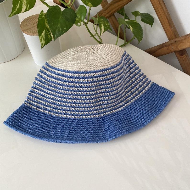 Summer crochet hat, Crochet hat women, Handmade hat summer, Bucket hat, Blue striped hat, Outfit accessories, Gift birthday friend, TAORMINA image 1
