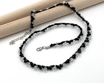 Black crochet necklace with beads, Simple choker bead necklace, Minimalist choker necklace,