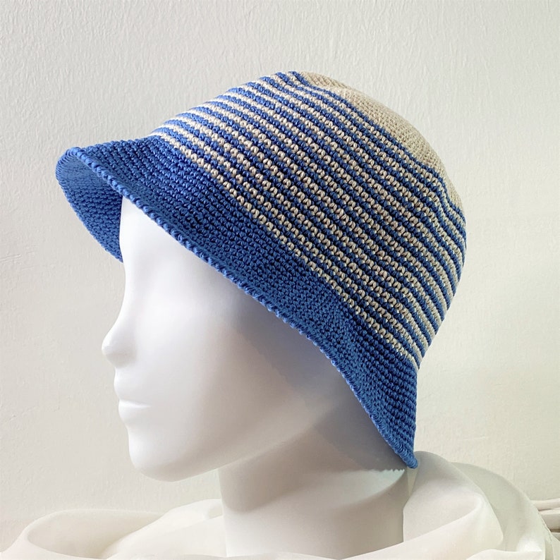 Summer crochet hat, Crochet hat women, Handmade hat summer, Bucket hat, Blue striped hat, Outfit accessories, Gift birthday friend, TAORMINA image 4