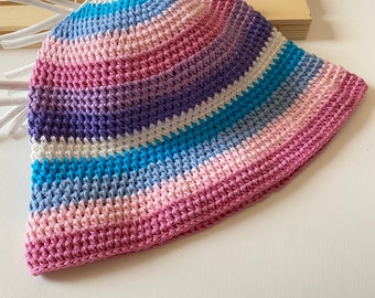 Soft striped bucket hat crochet for women in lilac pink purple cotton, Summer fisherman hat for young girl, Handmade cloche hat ISCHIA