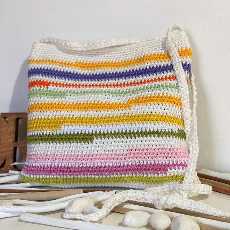 Handmade crochet tote bag in bohemian style, Harlequin colored shoulder pouch bag, Summer sporty crossbody bag for women accessories image 3