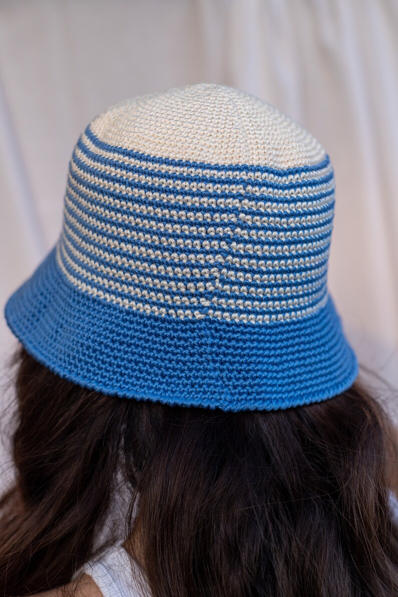 Summer crochet hat, Crochet hat women, Handmade hat summer, Bucket hat, Blue striped hat, Outfit accessories, Gift birthday friend, TAORMINA image 6