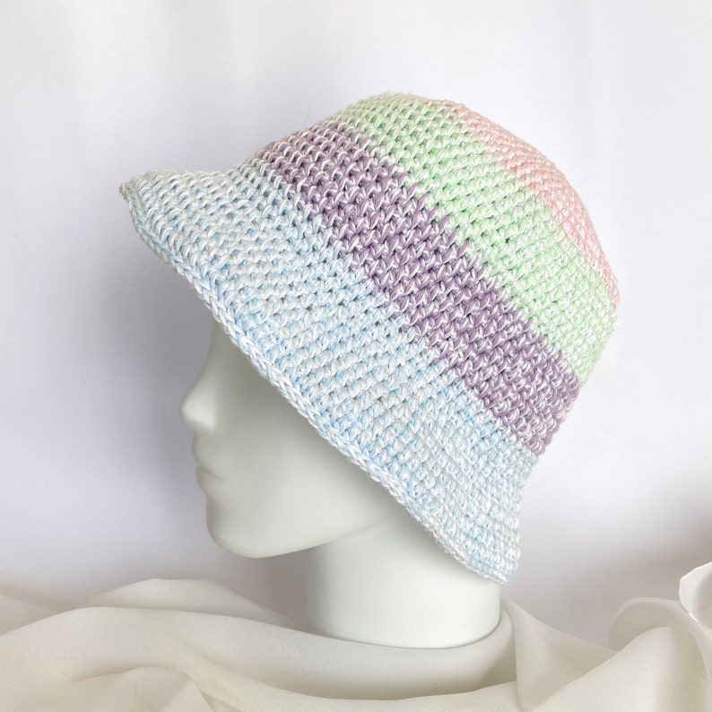 Handmade hat for beach, Pastel colors, Crochet bucket hat women, Eco friendly gifts, Fisherman hat hand made, Summer cloche hat image 1