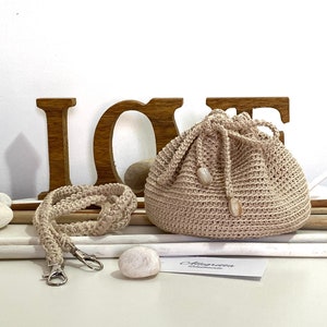 Crochet mini drawstring bag in beige cotton, Valentine gift for girlfriend, Mother day gift image 1