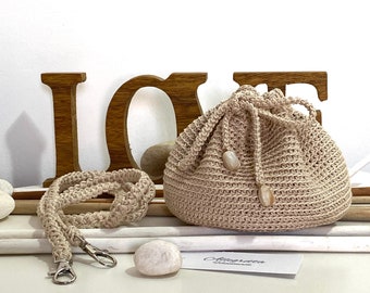 Crochet mini drawstring bag in beige cotton, Valentine gift for girlfriend, Mother day gift