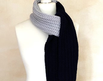 Handmade scarf for men, Knitted scarf women, Merino scarf men, Bicolor scarf blue and pearl grey, Valentine gift for boyfriend