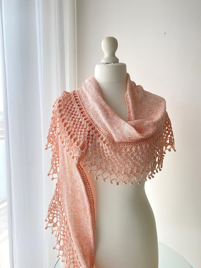 Elegant women knitted cotton shawl, Beautiful shawl, Crochet shawl, Summer shrug, Women accessoris, One of a kind shawl, Pink cotton shawl image 1