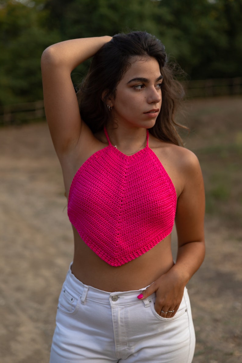 Colorful woman crochet top, Young summer fashion, Handmade bright color crop top, Fashion accessories for beach holidays and disco evenings Fucsia