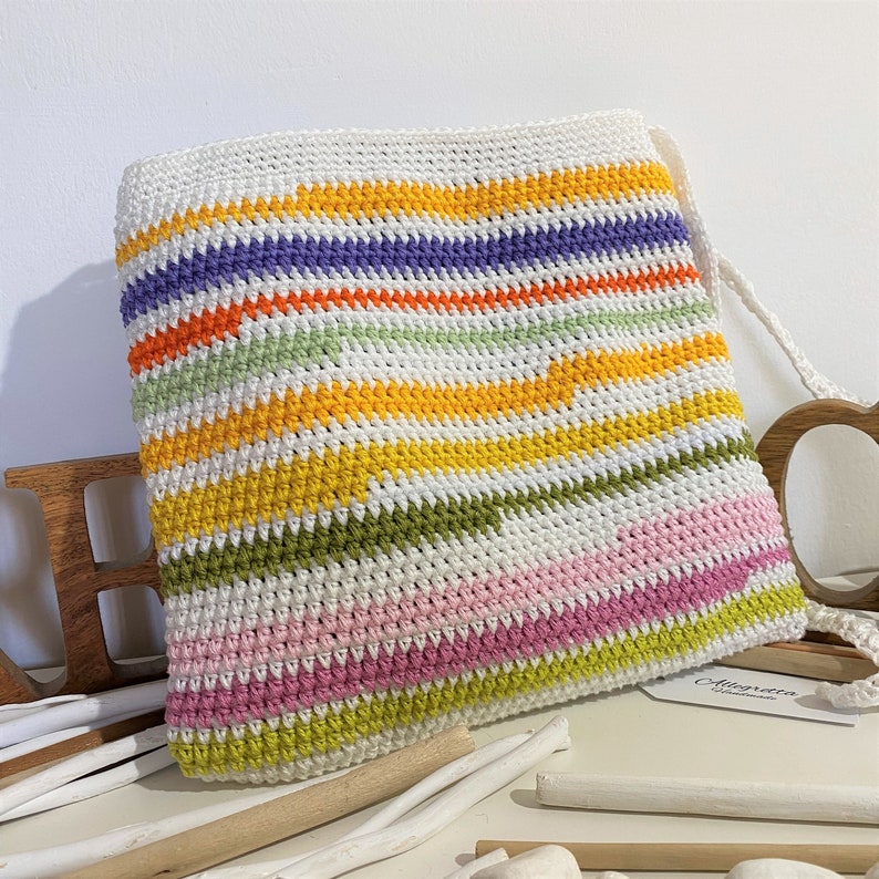 Handmade crochet tote bag in bohemian style, Harlequin colored shoulder pouch bag, Summer sporty crossbody bag for women accessories image 5