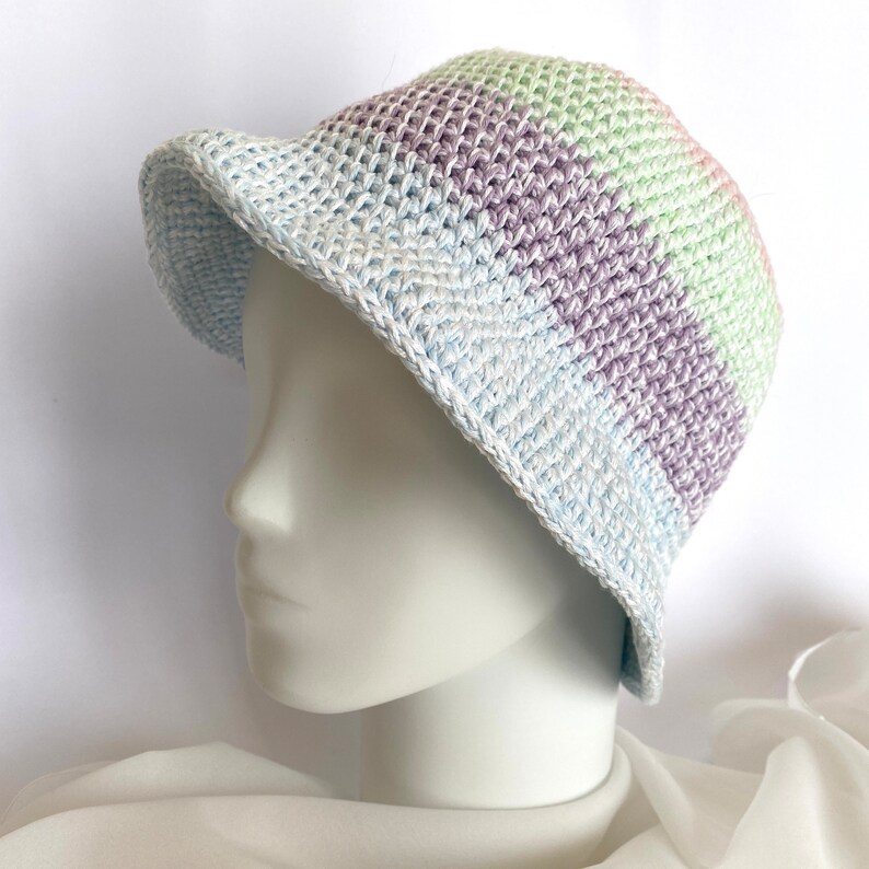 Handmade hat for beach, Pastel colors, Crochet bucket hat women, Eco friendly gifts, Fisherman hat hand made, Summer cloche hat image 3