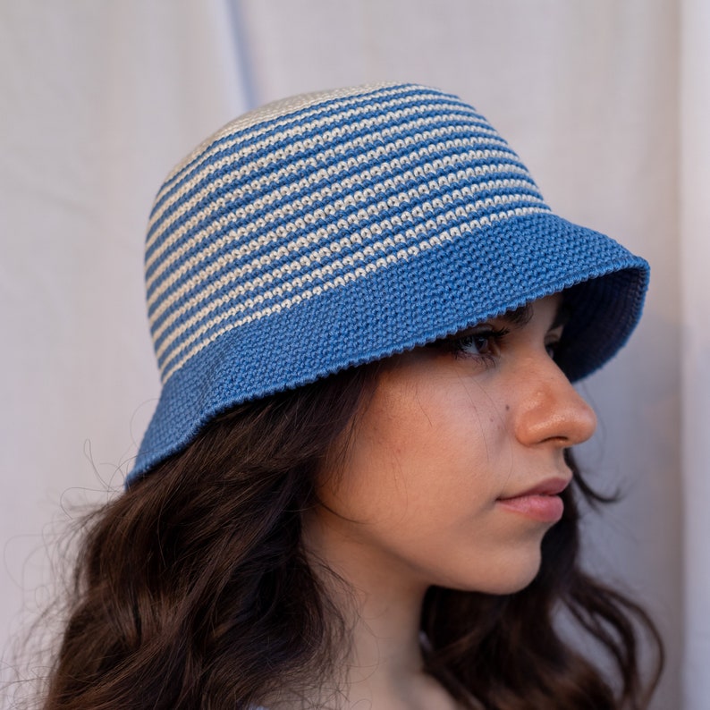 Summer crochet hat, Crochet hat women, Handmade hat summer, Bucket hat, Blue striped hat, Outfit accessories, Gift birthday friend, TAORMINA image 3