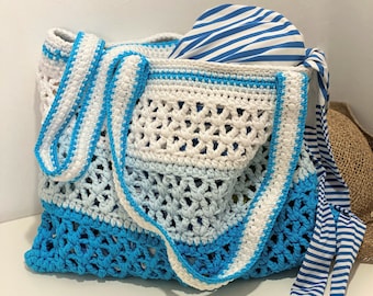 Shoulder tote bag in turquoise and white cotton, Beach bag woman, Sea bag, Bag crochet handmade, Made in Italy AllegrettaHandmade