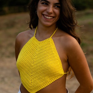 Colorful woman crochet top, Young summer fashion, Handmade bright color crop top, Fashion accessories for beach holidays and disco evenings Yellow