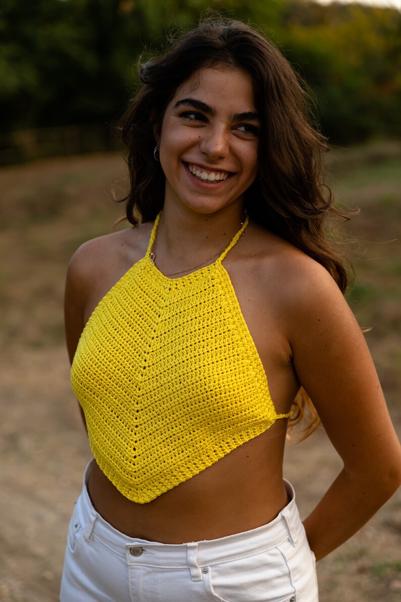 Colorful woman crochet top, Young summer fashion, Handmade bright color crop top, Fashion accessories for beach holidays and disco evenings Yellow