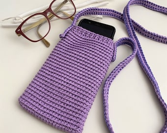 Lavender crochet bag for phone, Glasses holder, iPhone case, Neck cell phone holder, Cell phone case, Shoulder bag, Christmas gift ideas