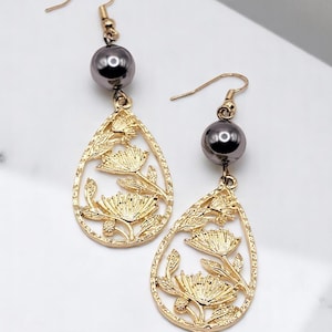 Lehua Blossom Teardrop Earrings - Hawaiian Earrings - Dangle Earrings - Pearl Earrings - Made in Hawaii - Gift for Her - Floral Jewelry