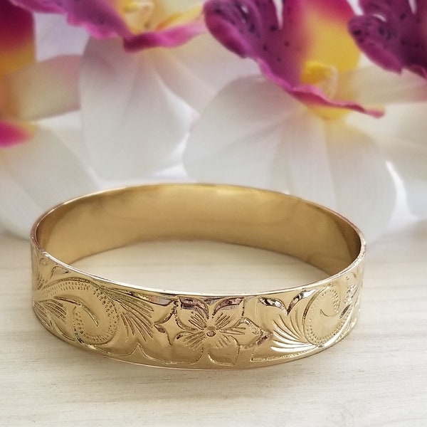 15mm Gold Hawaiian Bangle Bracelet - Hawaiian Bracelet - Hawaiian Heirloom - Floral Bracelet - Gold Bracelet - Gifts for her