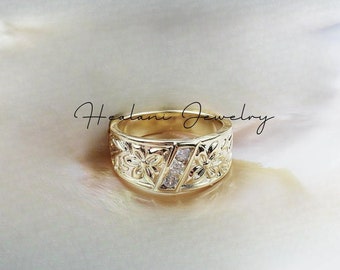 Plumeria Tapered Hawaiian CZ Ring - Hawaiian ring - Gold Ring - Heirloom Jewelry - gifts for her - Gold band